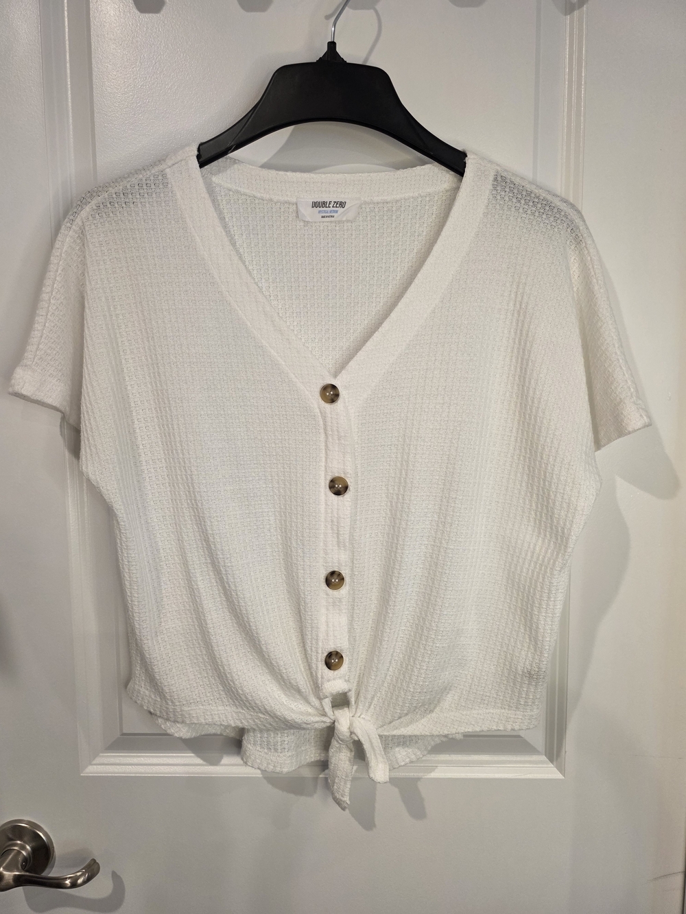 Double Zero Waffle Knit Button-Up Tie-Front Top